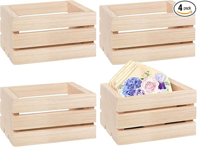 4 Pack Mini Rustic Wooden Crates, Decorative Wood Crates Unfinished Wood Box, Crate Box Wooden Storage Box for Kitchen, Office, Bedroom, Closet, Rustic Country Decor