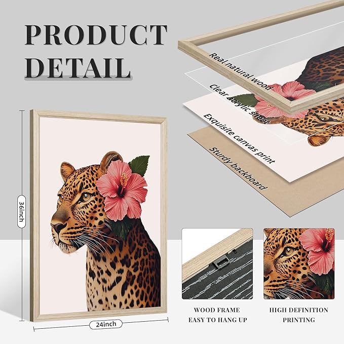 Trendy Leopard Wall Art Pink Cheetah Print Room Decor Leopard Flower Canvas Wall Decor Cheetah Aesthetic Poster Girly Pink Preppy Picture Funky Y2k Artwork for Girl Bedroom 24x36x3 Inch Wood Framed