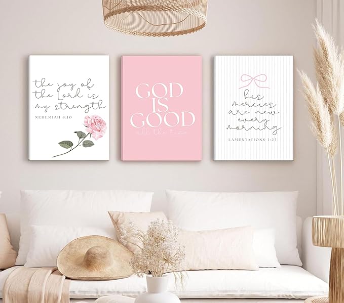 3Pcs Pink Christian Canvas Wall Art Coquette Bow Poster Print Aesthetic Picture Preppy Painting Wall Decor For Girls Bedroom Bathroom or Dorm 12x16in (Stretched Canvas On A Wooden Frame)