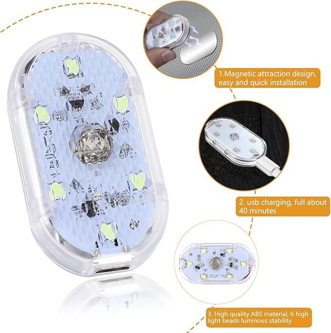 2 PCS Car LED Lights Interior Wireless, Super Bright Auto Interior Ambient Light with 6 Bright LED Lamp Beads, Portable USB Rechargeable Car Led Night Light for Vehicle Decor(White)