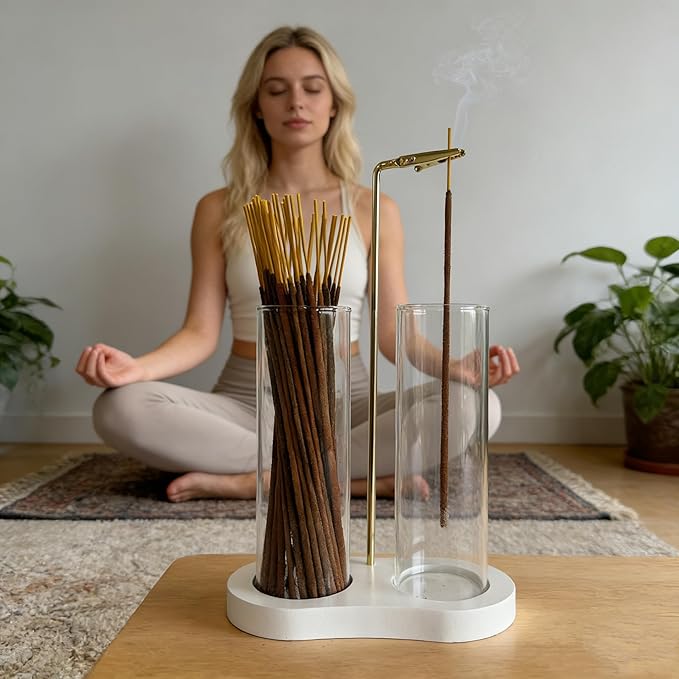 Glass Incense Holder, Incense Sticks Burner Holder with Storage,Hang Upside Down Incense Holder for Sticks with Glass Ash Catcher for Meditation Yoga Spa Room Decor (White)