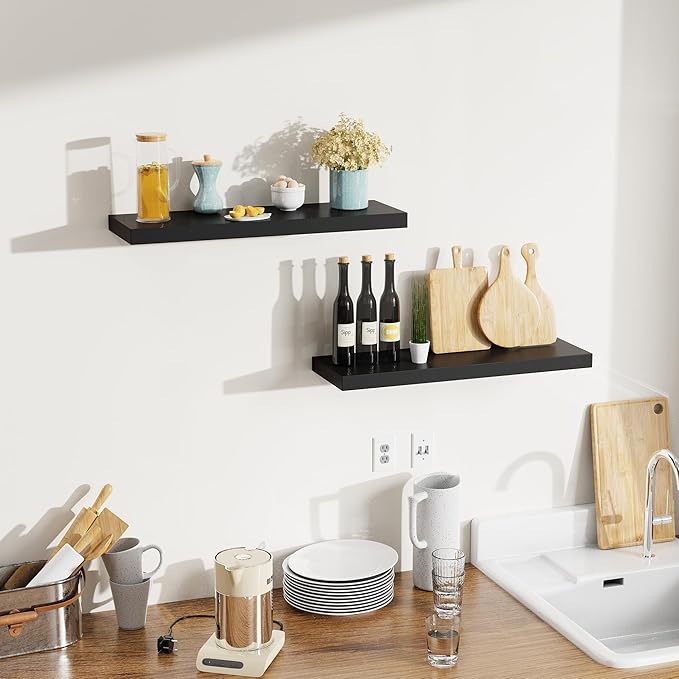 Bellsal 2-Pack Black Modern Floating Shelves, 24" Wall Mounted, Set of 2 Wooden Wall Shelf for Kitchen, Living Room, Bedroom, Bathroom Storage