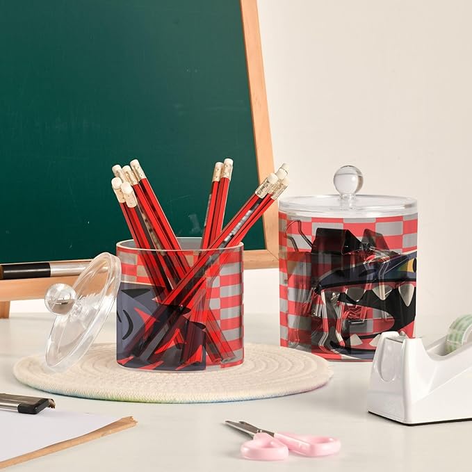 Red and Gray Checkered monsters Clear Plastic Makeup Organizer Storage with lid Pantry Essentials Decorative Dental floss storage jar for Cotton Swabs,Cotton Pads,Floss Picks,Paper Clips,Hair