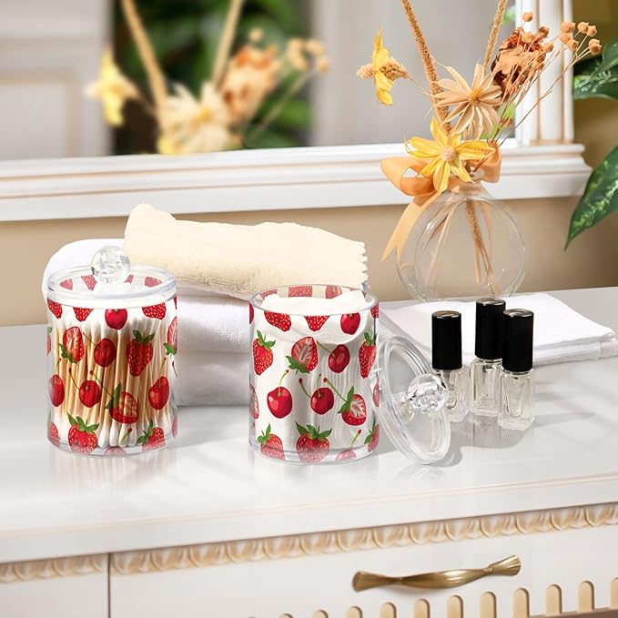 4 Pack Qtip Holder Dispenser Strawberry Cherry Red Cotton Ball Swab Round Pads Floss Clear Bathroom Storage Containers Plastic Apothecary Jars with Lids