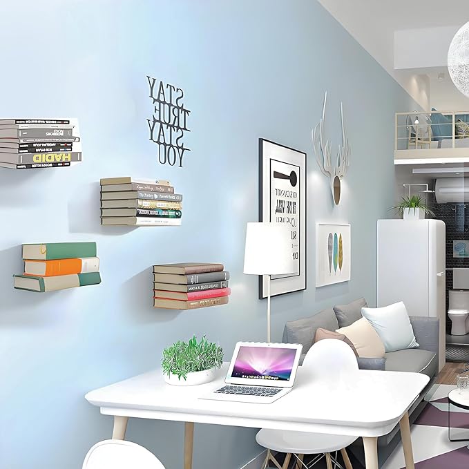4-Pack Invisible Floating Bookshelves,Floating Book Shelf for Wall,Steel Hidden Bookshelf Hanging Shelves for Bedroom Living Room Office Study Room Decor,Drilling Mounted Bookshelves,Book Organizers