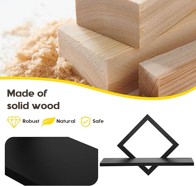 Floating Shelves for Wall,Decorative Wall Shelf,Hanging Shelf for Plants Storage Display Holder,Indoor Decor for Living Room Home Office Bathroom Bedroom,Solid Wood,Diamond Shaped,2 Pack(Black)