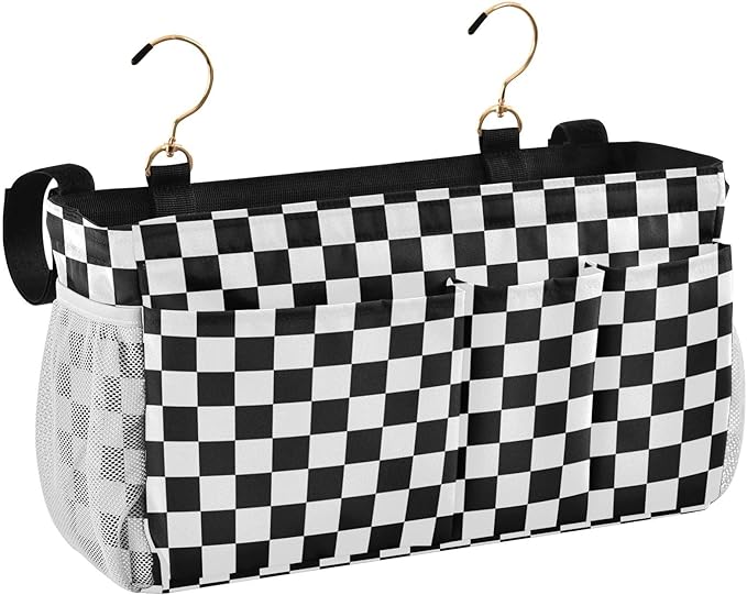 Black White Checkerboard Print Bedside Caddy Storage Bag Bedside Organizer for Bunk Bed Headboards College Organizer Caddy Hanging Shelf 6 Pockets with Hooks for Drinks Magazine Phone Holder
