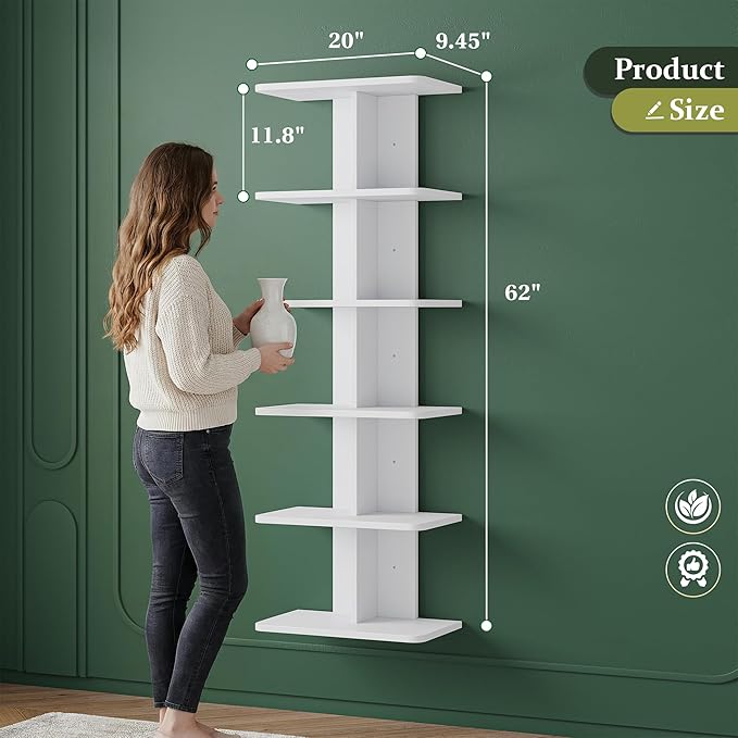 REIBII 6 Tier Floating Shelves, Vertical Column White Wall Shelves for Home Decor, Wall Shelf for Vanity, Bedroom, Living Room, Office