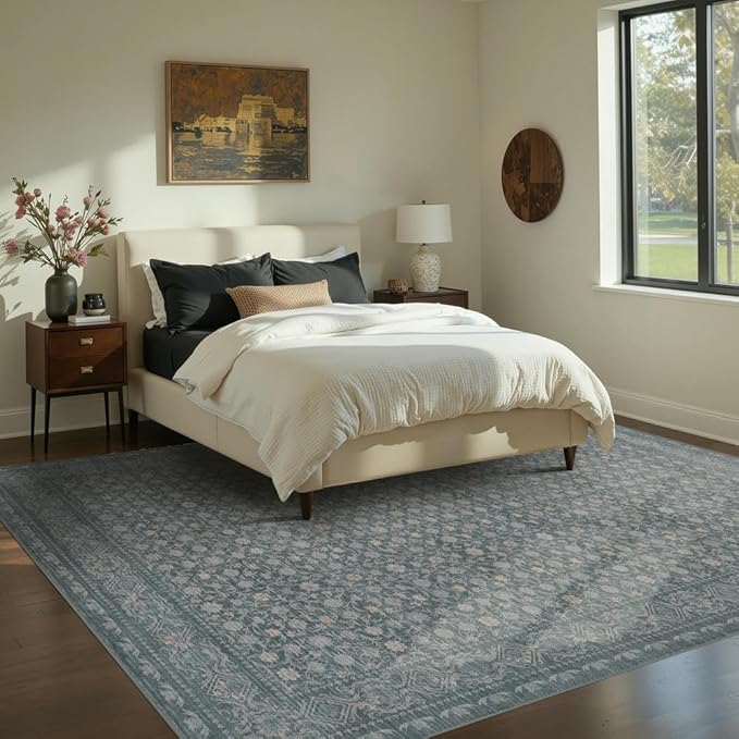 Area Rugs 5x7, Washable Rugs for Living Room, Vintage Boho Light Blue Rug for Dining Room, Dining Room, Kids Room and Farmhouse, Durable Low Pile Non-Slip Area Rug for High Traffic Areas(Blue)