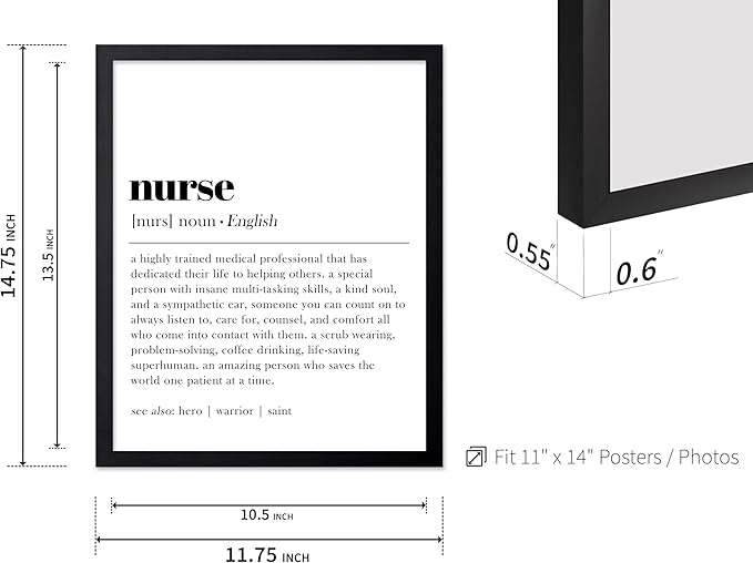 Poster Master Typography Poster - Dictionary Print - Nurse Definition, Amazing Person Who Saves the World, Hero, Saint - Gift for Friend - Wall Decor for Home, Hospital, 11x14 Black Framed