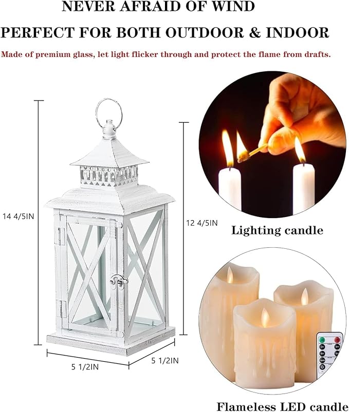 DECORKEY Lantern Decorative Indoor & Outdoor, Large Square Hanging Spring Home Decor, Vintage Metal Decorative Candle Lanterns for Outdoor Patio Wedding Party White with Black Brush