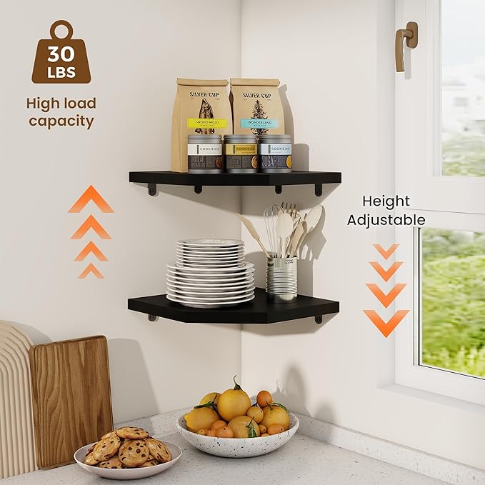 Fun Memories Corner Shelf Wall Mount Set of 2 - Solid Oak Wood Floating Corner Shelf with Cable Hole, 10in Rustic Design for Bedroom, Living Room, Kitchen (Black)
