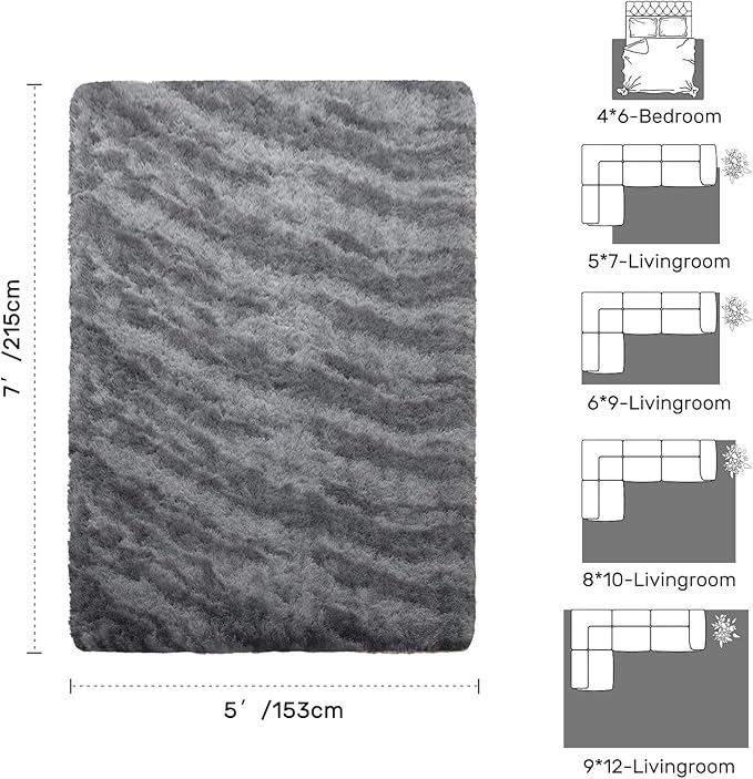5x7 Ft Large Shag Rug for Living Room Bedroom,Tie-Dyed Ultra Soft Fluffy Furry Area Rug, Aesthetic Carpet for Indoor Floor Home Decor (Grey)
