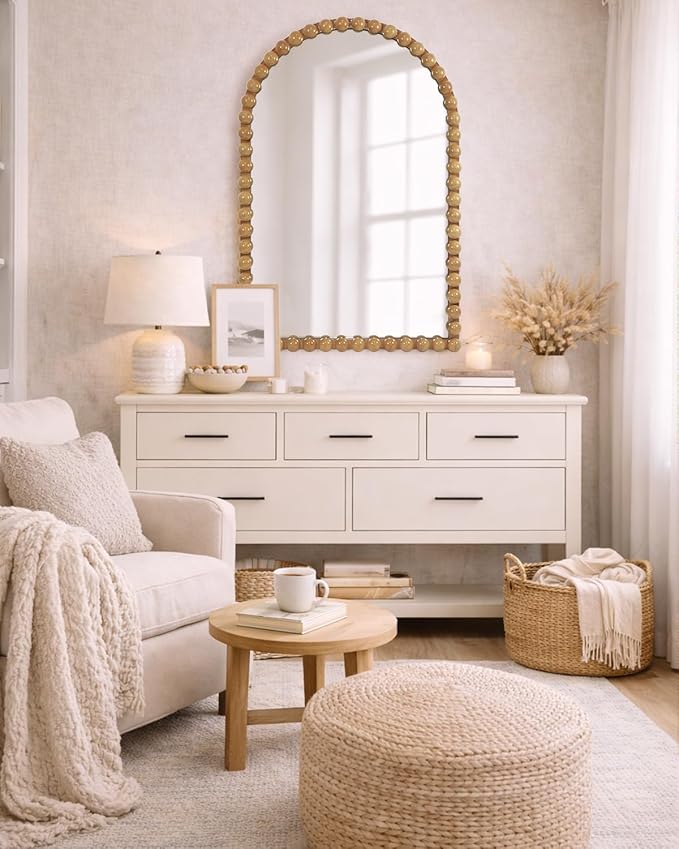 Beaded Arched Wall Mirror 24"x36", Decorative Arch Mirror with Beaded Frame, Vintage Style Accent Mirror for Entryway, Bathroom, Living Room, Bedroom, Fireplace Mantel
