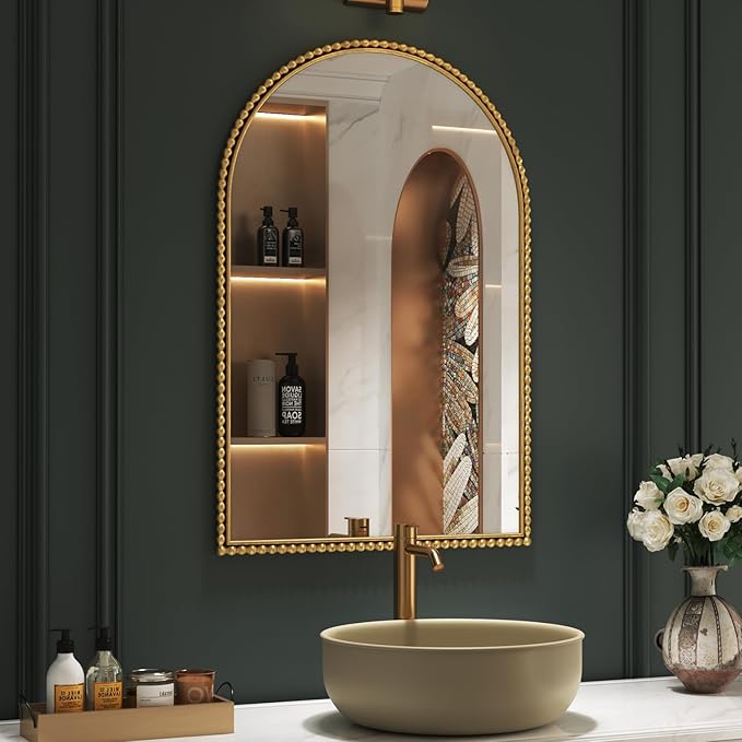 Gold Beaded Arch Wall Mirror - Large Arched Mirror Wall Decor 36"X24" with Metal Frame, Ideal for Entryway, Fireplace, Living Room, Hallway, Bathroom