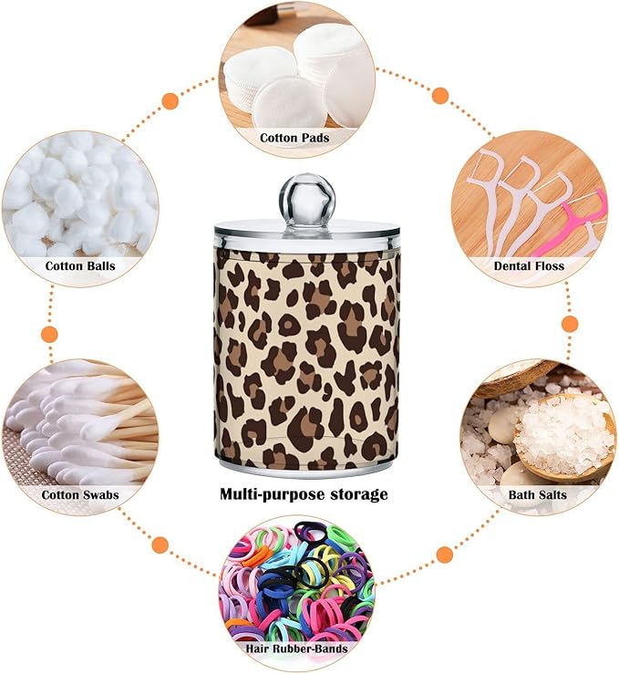 4 Pack Qtip Holder Dispenser Leopard Print Cheetah Cotton Ball Cotton Swab Round Pads Floss Clear Bathroom Storage Containers Plastic Apothecary Jars with Lids