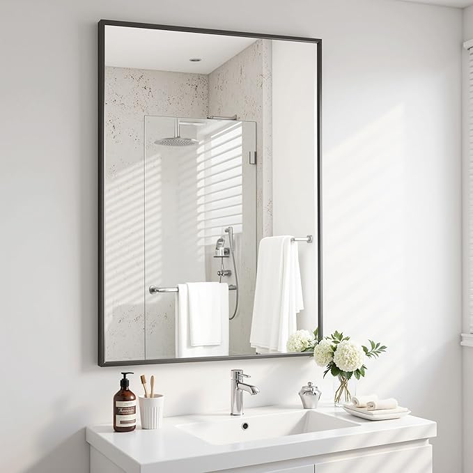 Antok 24x32 Black Metal Framed Bathroom Mirror, Wall Mirror with Rect Corners, Vanity Mirror for Over Sink, Anti-Rust Tempered Glass, Horizontal/Vertical Hanging for Bathroom, Living Room, Entryway