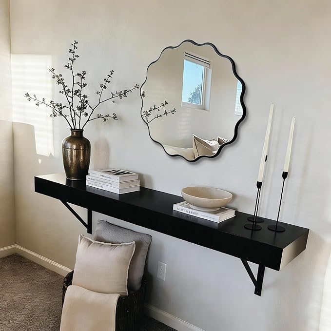 Round Wavy Black Mirror 17" Wall Decorative Mirror Wood Frame Circle Modern Mirror Bathroom Vanity Mirror for Bathroom Entryway Living Room Bedroom Hallway