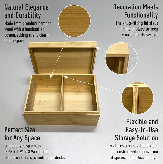 Bamboo Wooden Storage Box with Lid – Natural Wood Organizer with Removable Divider, 8.66 x 5.91 x 3.94 Inches – Decorative Jewelry, Kitchen, Bathroom & Home Organizer