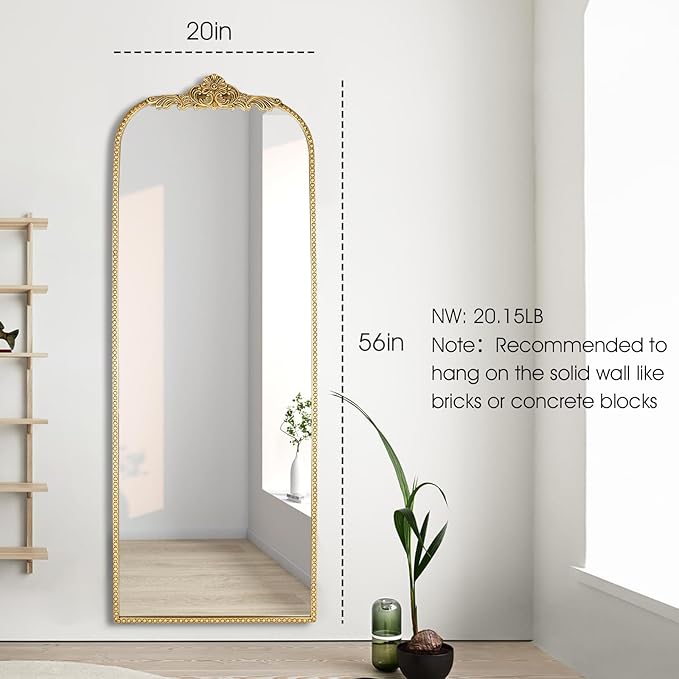 Arched Full Length Mirror 20"x56", Antique Gold Large Traditional Vintage Baroque Inspired Floor Mirror for Wall, Bedroom, Living Room, Hallway
