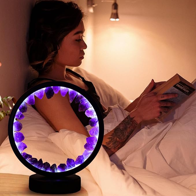 Runyangshi Amethyst Night Lamp 8.6" Natural Healing Crystal Bedside Lamp USB Port 3 Colours Dimming Mode Bedroom Lamp Suitable Night Light for Living Room Bedroom Office Home Decor Ideal Gift
