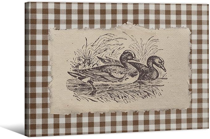 Nature Duck Animal Poster Vintage Brown Gingham Canvas Wall Art Rustic Cottagecore Pond Prints for Country Farmhouse Wall Decor 16X20 inch Wood Framed