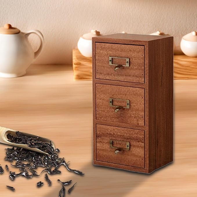 kowaku Wood Desk Organizer Desktop Jewelry Box Vintage Wooden Drawer Storage Box Tea Organizer for Dresser Countertop Home Kitchen, 3 Drawers, 13.5x10x26.5cm