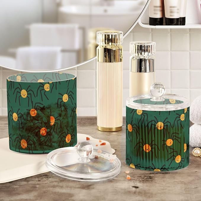 Happy Halloween Spider Green Clear Plastic Makeup Organizer Storage with lid Dresser Essentials Decorative Dental floss storage jar for Cotton Swabs,Cotton Pads,Floss Picks,Paper Clips,Hair