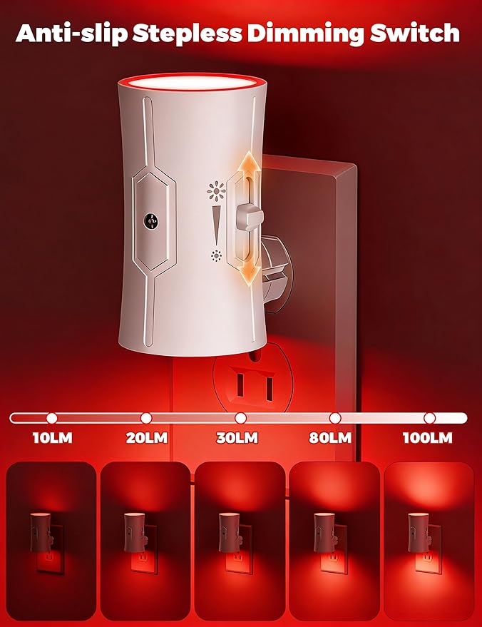 fesnne Night Light, Night Lights Plug into Wall [2 Pack], 0-100LM Adjustable Brightness Light Sensor Nightlights Plug in Wall for Hallway, Bathroom, Adults, Red Led Nightlight
