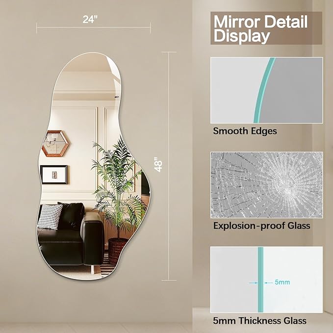 Niccy 48"×24" Frameless Cloud Full Length Mirrors, Long Wall-Mounted Mirror for Living Room, Large Full Body Floor Mirror, Explosion-Proof Tall Hanging-Mirror for Bathroom Bedroom Entryway Decor