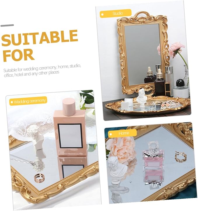 Wakauto Mirror Tray for Perfume and Makeup Organizer Vintage Vanity Dresser Decorative Tray with Mirror Surface for Home Décor and Dressing Table