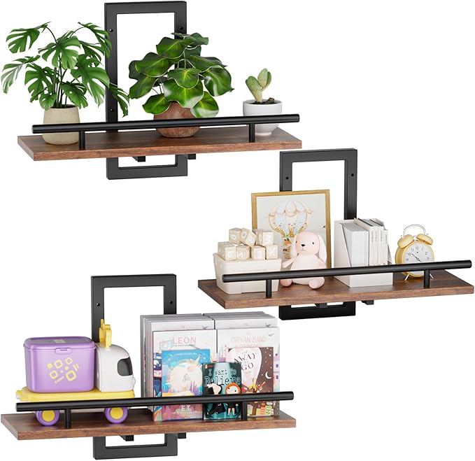 Sbosbo Floating Shelves for Wall to Hold Plants and Small Decor, 15.8 Inch Wall Mounted Shelves Set of 3, Easy to Mount Book Shelf for Bedroom, Living Room, Bathroom, Kitchen, Rustic Brown