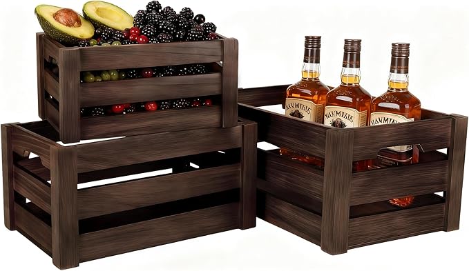 Wooden Crates for Storage and Display - Set of 3 Heavy Duty Nesting Wood Crates, Rustic Farmhouse Decorative Storage Boxes for Shelves, Pantry & Home Organization (L/M/S)