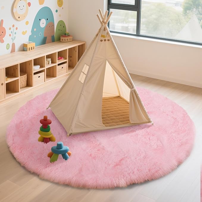 yulidayang Pink Fluffy Round Area Rugs for Bedroom,4ft Shag Circle Area Rugs for Girls Room,Non Slip Fuzzy Plush Rug for Kids Room Living Room and Dorm Home Decor Rug