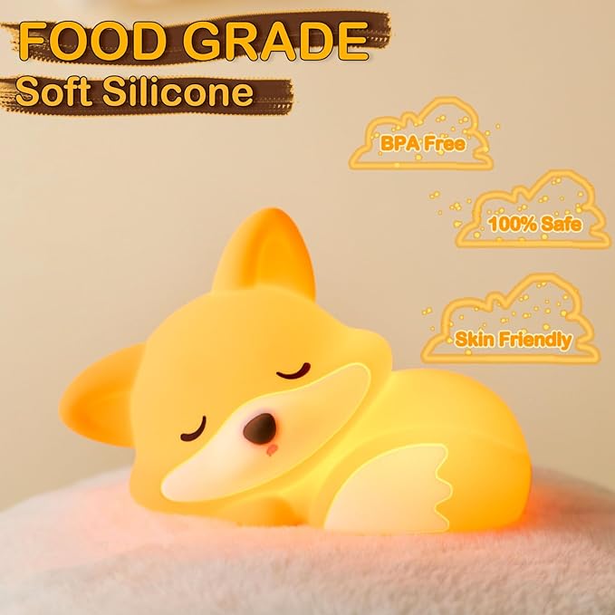 VoMii Fox Night Light for Kids, Cute Fox Lamp Silicone Baby Nursery Night Lamp, Dimmable Squishy Touch Bedside Lamps, Adorable Rechargeable Animal Lamps Gifts Kawaii Room Decor for Kids Girls Boys