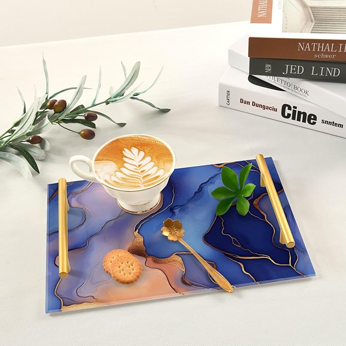Marble Royal Blue Peach Decorative Rectangular Tray with Handles Trays for Coffee Table for Jewelry Perfume for Modern Serving bandeja para desayuno personalizado