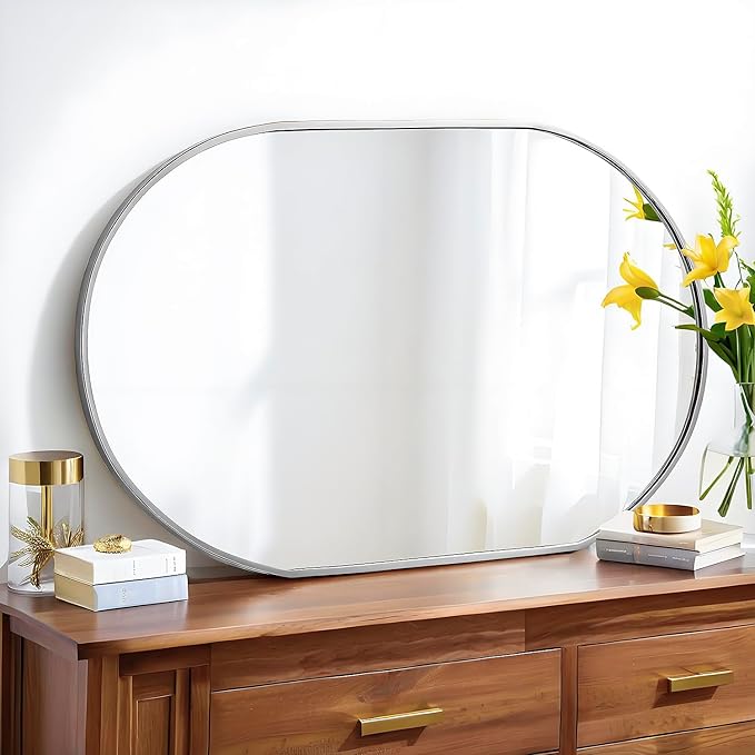 SCWF-GZ 36x24 Mirror Runway Oval Wall Mounted Aluminum Alloy Metal Frame Rectangle Mirrors for Entryway Bedroom Bathroom Living Room 36 24 inch Silver