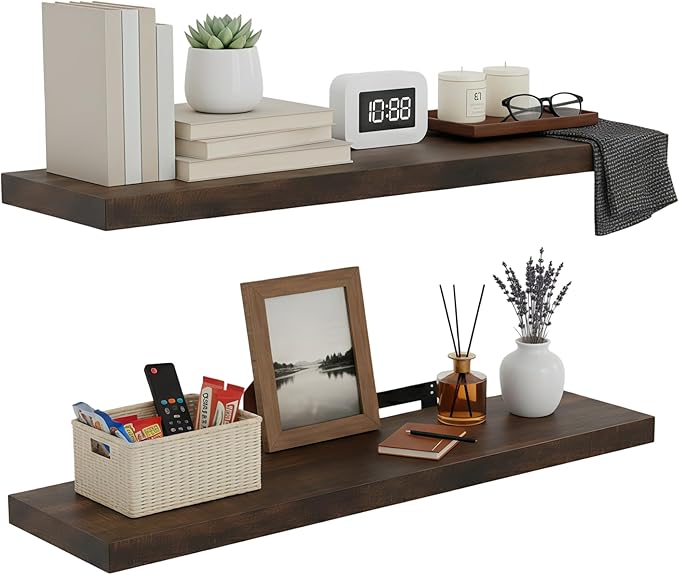 Lufia Floating Wall Shelves, Set of 2, MDF with Invisible Brackets, Modern Storage for Bedroom, Bathroom, Living Room, Kitchen (Rustic Brown, 28" W x 7" D x 1.5" H)