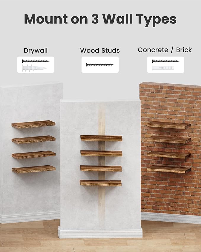 AMADA HOMEFURNISHING Floating Shelves, Paulownia Wood Wall Shelves for Bathroom/Living Room/Bedroom/Kitchen/Home Office, Natural Wood Floating Shelf for Home Storage & Organization, Set of 4, AMFS40BN