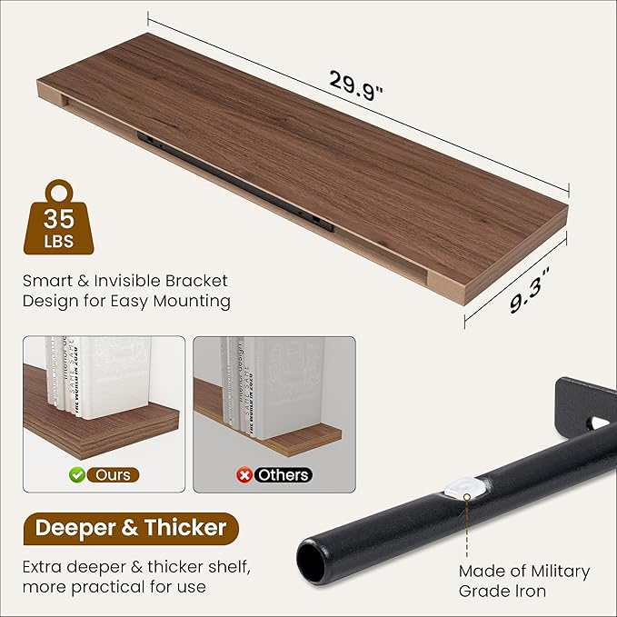 Fun Memories 9.3Inch Deep Floating Shelves for Wall, 30 Inch Rustic Wood Wall Mounted Shelves for Bathroom, Bedroom, Kitchen, Deep Floating Shelf for Storage & Home Decor (Walnut, Set of 2)