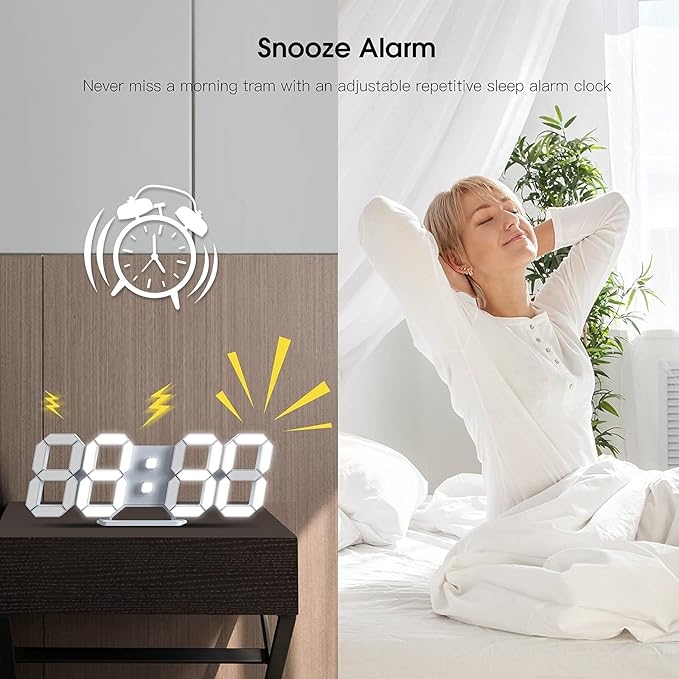 Led Digital Alarm, 3D Wall Clock Desk Auto Dimming 12/24 Hour Date Temperature Home Decor Remote Control Silent Snooze USB Nightlight Bedroom Living Room Kitchen Office 9.7inch Cool White