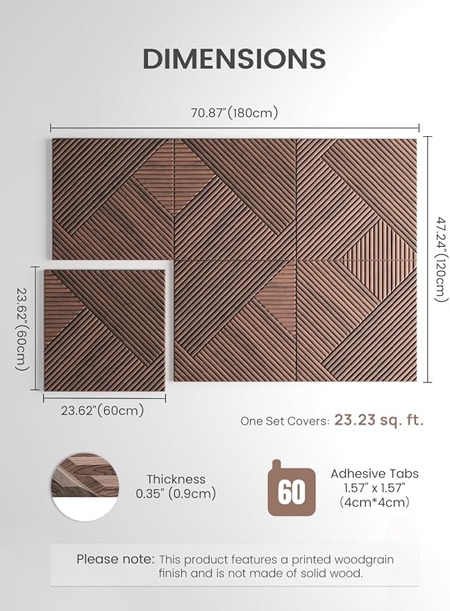 Fluxynara Large Felt Bulletin Board,Cork Board Alternative 70.87'' x 47.24'' Art Acoustical Wall Panels-6 Pack with 60 Adhesive Tabs,for Recording Studio/Home Offices-Walnut/Diamond