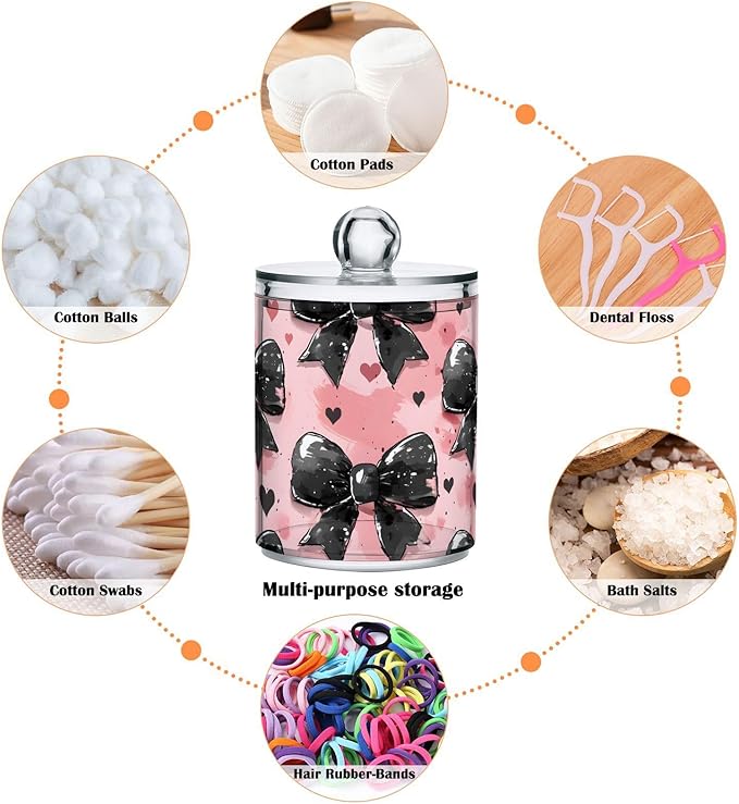 4 Pack Qtip Holder Dispenser Black Bow Heart Pink Cotton Ball Cotton Swab Round Pads Floss Clear Bathroom Storage Containers Plastic Apothecary Jars with Lids
