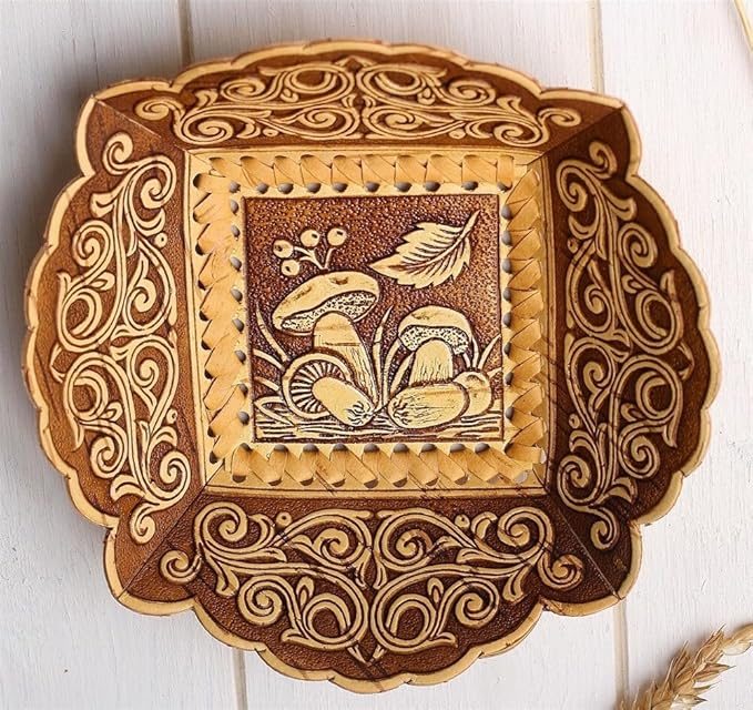 Birch Bark Bread and Pastry Basket, Bread Storage Container and Fruit Basket for Serving Set (Square Plate)