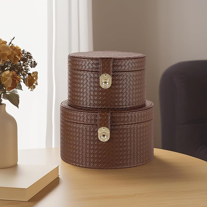 Large Leather Decorative Boxes Set of 2 Round Hat Box Bin Basket with Lid for Shelf Coffee Table Storage Remotes Modern Home Decor (brown)