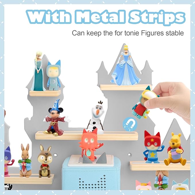 for Toniebox 2 and Toniebox 1 Tonie Shelf Wall Mounted Set,Tonies Figures Tonies Storage,Magnetic Wooden Floating Shelves Compatible with Tonie box Player Character for Children Room (grey-castles)