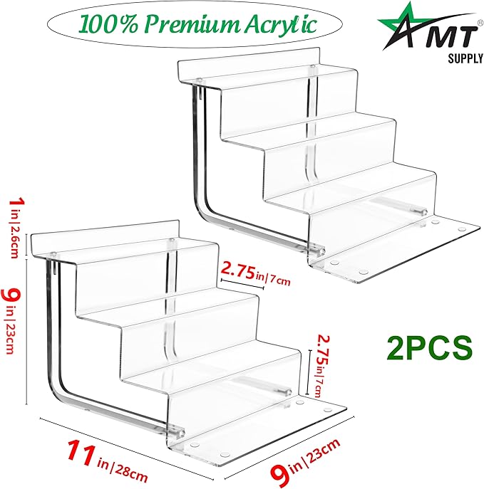 AMT Acrylic Riser Display Stand, 100% Acrylic Clear 4-Tier Organizer for Figures, Cupcake, Perfume, Sunglasses (9 inch x 2.75 inch) 2-pack