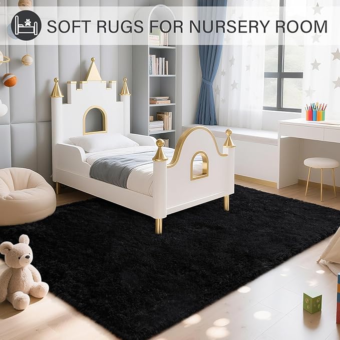 BENRON Fluffy Black Rugs for Living Room Bedroom 4x6, Soft Plush Fuzzy Shaggy Rugs for Kids Girls Boys Room Decor, Washable Indoor Floor Carpets