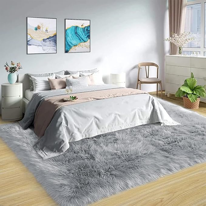Latepis Grey Faux Fur 7'10"x9'10" Area Rug, Soft Plush Faux Fur Sheepskin Rugs for Living Room, Washable Fluffy Fuzzy Rug for Bedroom and Living Room, Luxury Room Decor, Rectangle