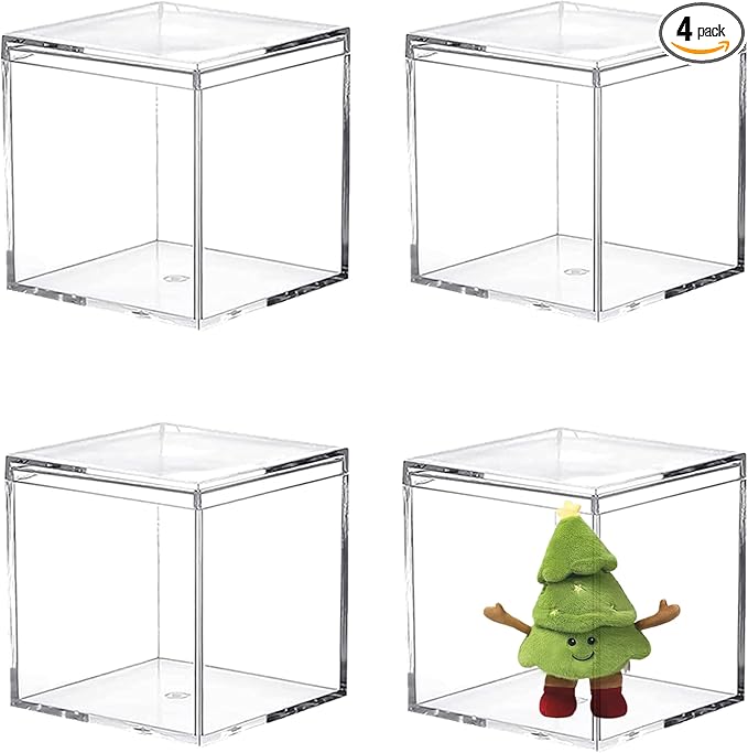KissYou Acrylic Box Clear Boxes with Lid Plastic Square Cube 4 Pack Small Plastic Storage Box Graduation Party Decoration Box